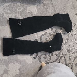 Bamboo black suede thigh high Wedges